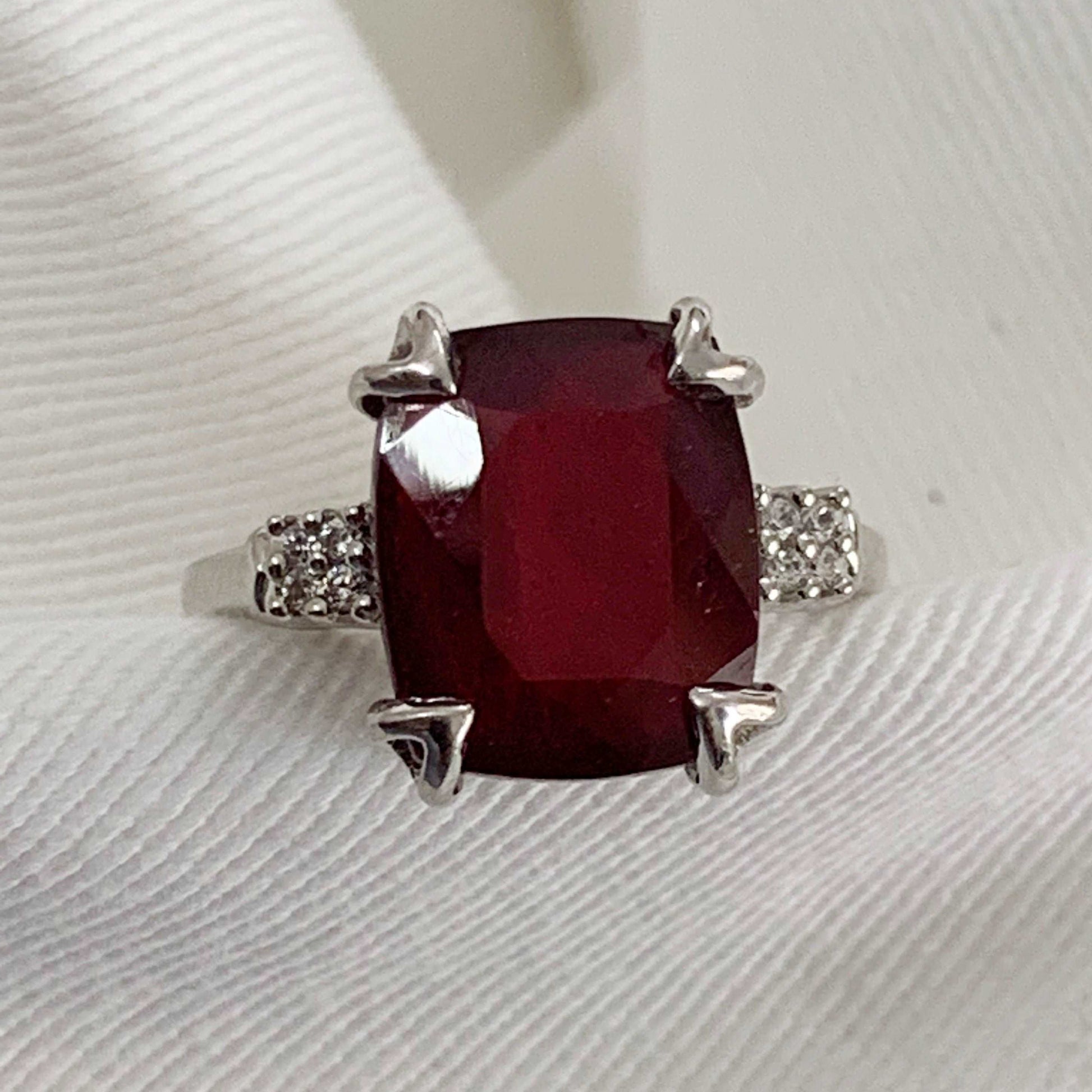 Red Ruby Cushion 7.82 Ctw 925 Sterling Silver Solitaire Accents Women Ring
