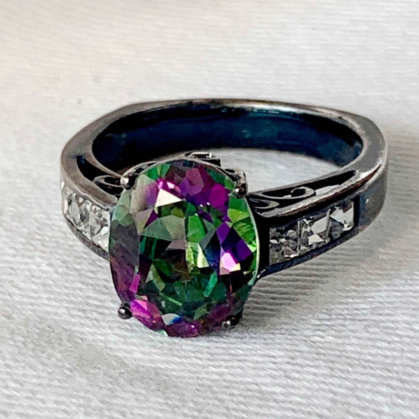 Mystic Topaz Oval 11X9 MM Sterling Silver Black Plated Women Wedding Ring