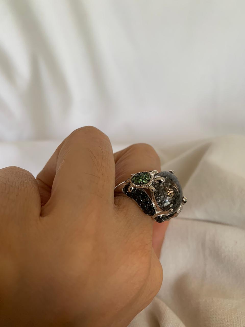 Black Rutile Gemstone Cluster Ring .