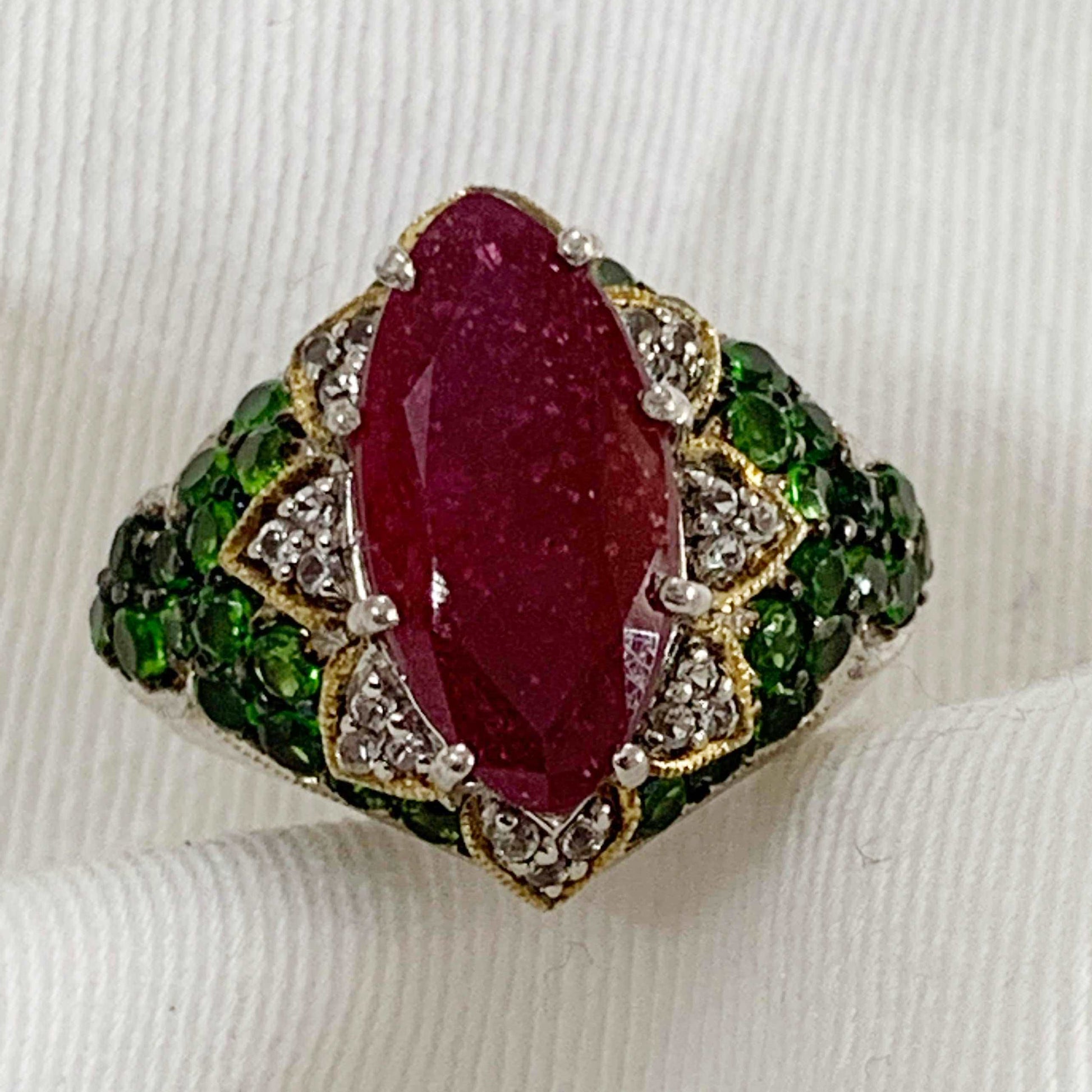 925 Sterling Silver Marquise 16X8 MM Red Ruby With Chrome Diopside Women Cocktail Ring