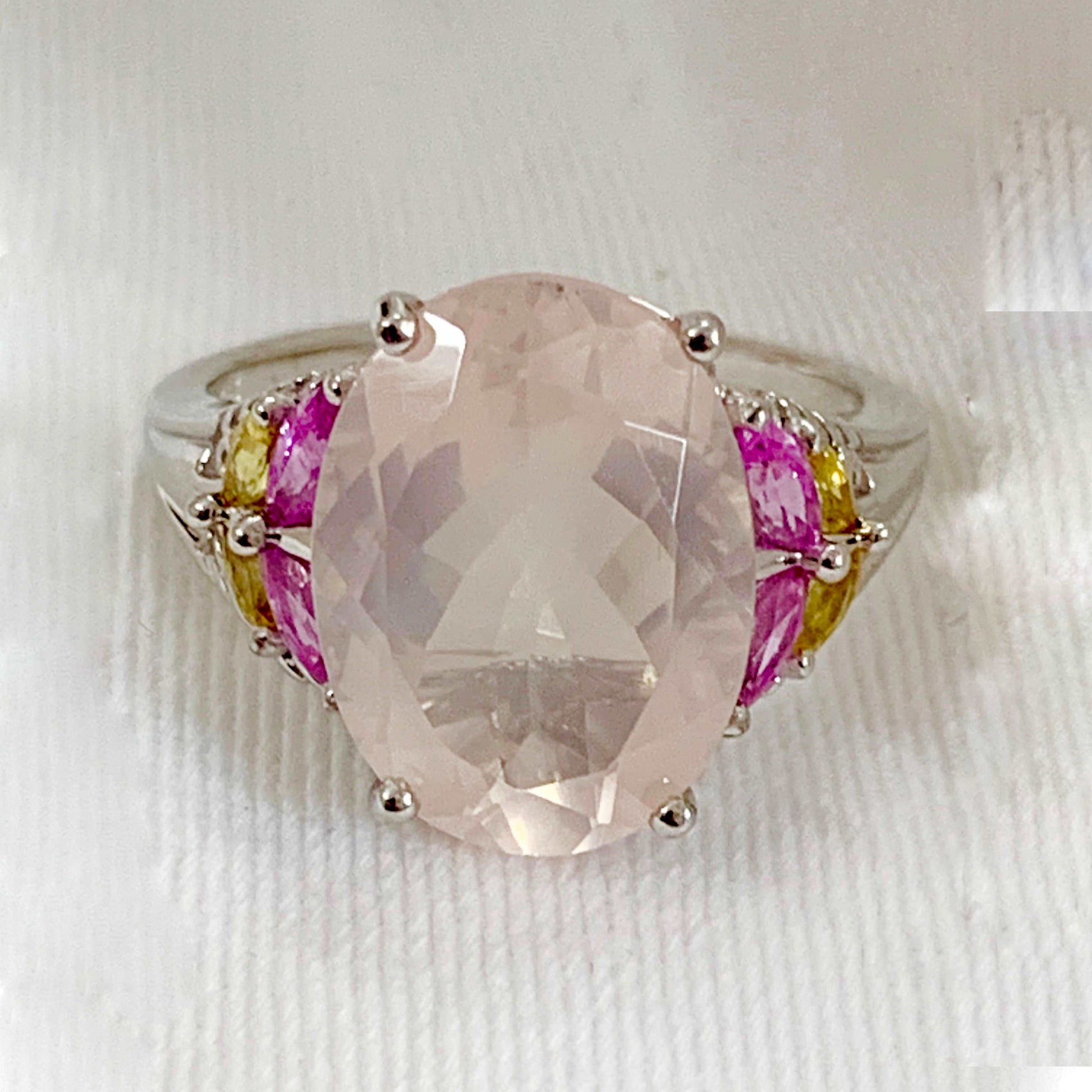 Rose Quartz 9.58 Ctw With Pink Sapphire Sterling Silver Women Wedding Ring