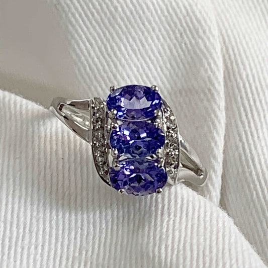 Natural Tanzanite 1.46 Ctw Three Stone Cluster Sterling Silver Women Ring