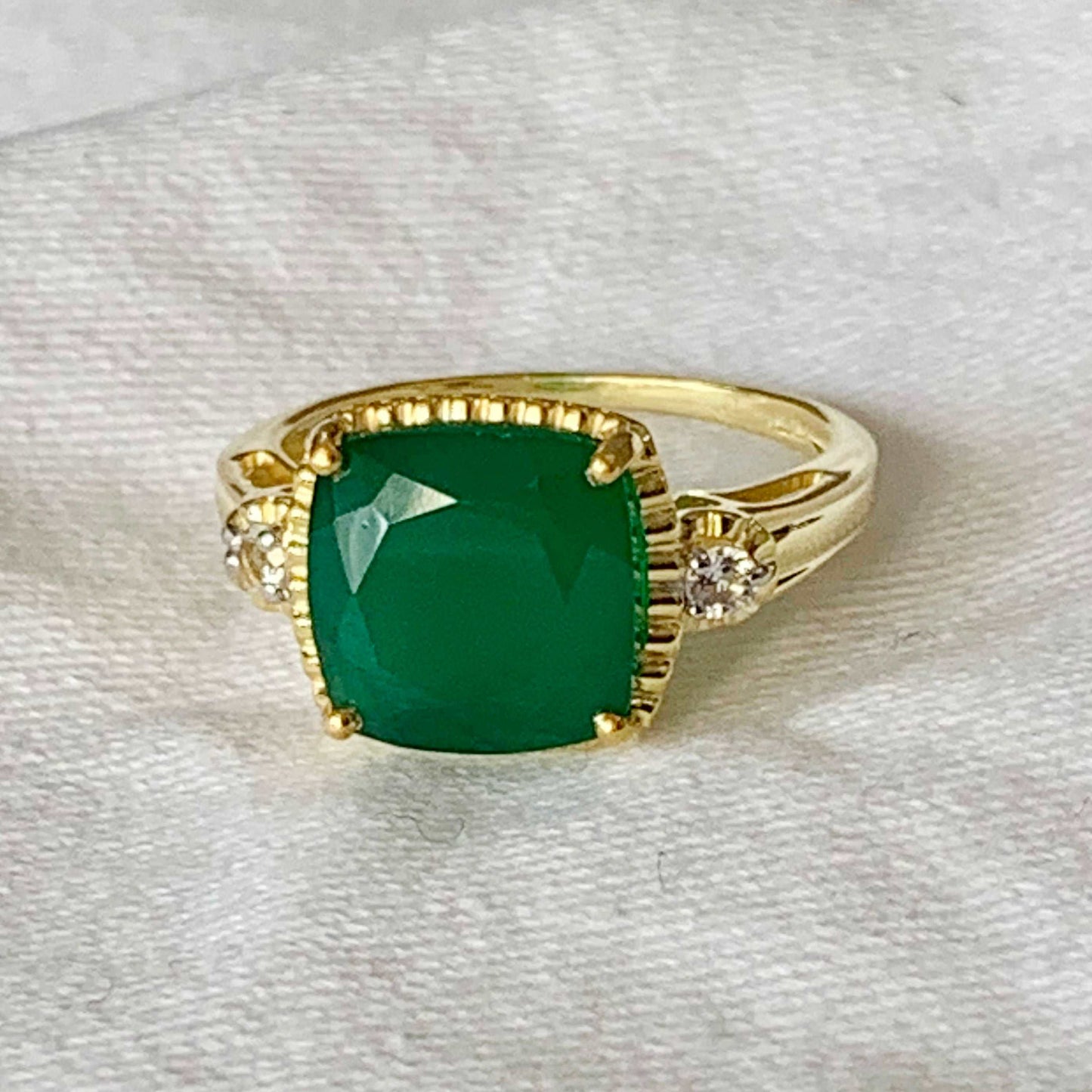 Cushion 11 MM Green Onyx Sterling Silver Gold Plated Women Solitaire Ring