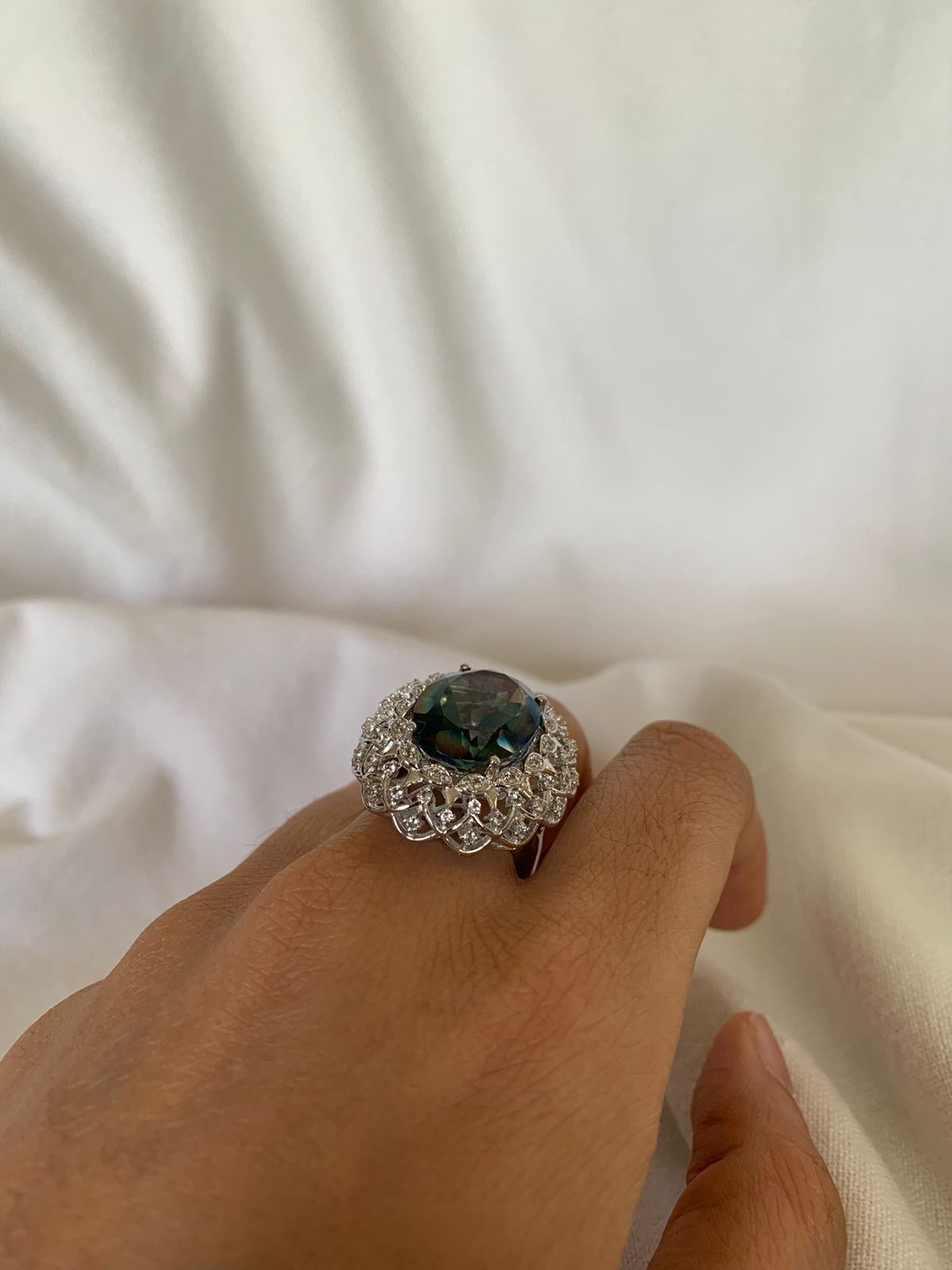 Coated Green Quartz Gemstone Cluster Ring .