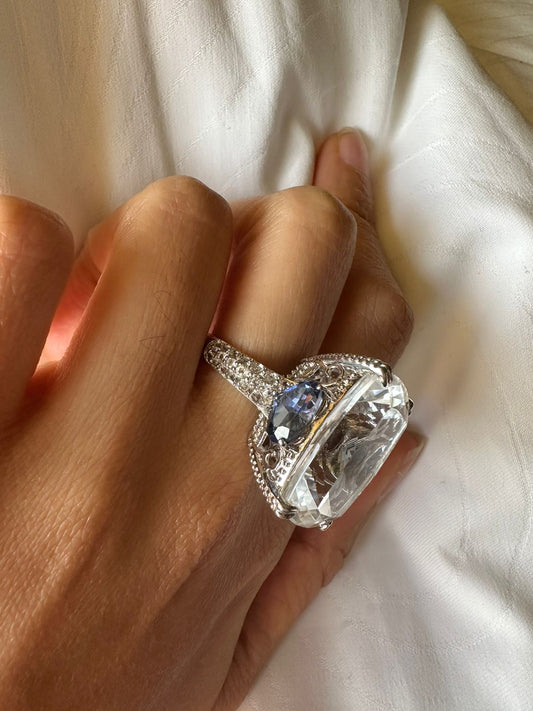 Big Chunk Ring White Topaz Stone and Tanzanite