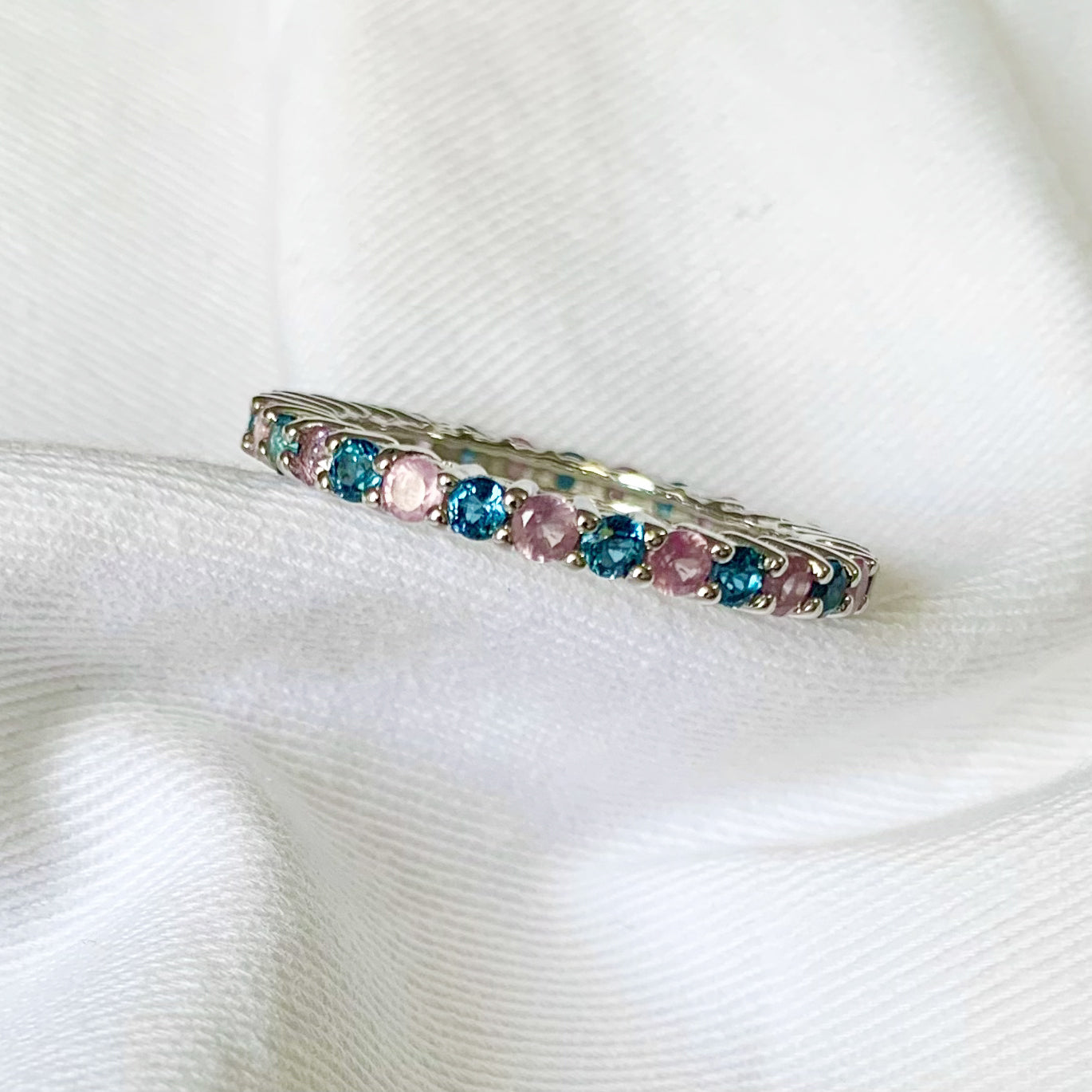 Round 1.80 Ctw London Blue Topaz & Pink Tourmaline Eternity Band   Ring